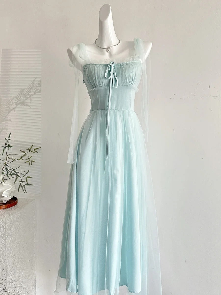 Elegant Light Blue A-line Square Neck Tulle Long Prom Dress Evening Dress Bridesmaid Dress P4008