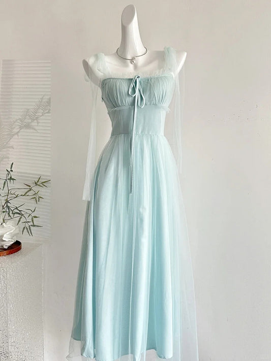 Elegant Light Blue A-line Square Neck Tulle Long Prom Dress Evening Dress Bridesmaid Dress P4008