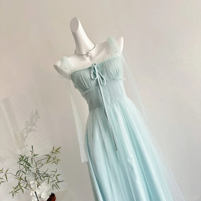 Elegant Light Blue A-line Square Neck Tulle Long Prom Dress Evening Dress Bridesmaid Dress P4008