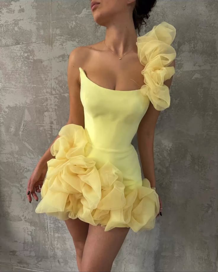 amakanas-Yellow one-shoulder fashion sweet bud skirt short chiffon homecoming dress birthday dress gh5269