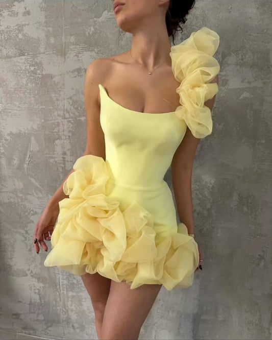 amakanas-Yellow one-shoulder fashion sweet bud skirt short chiffon homecoming dress birthday dress gh5269