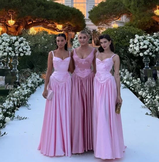 Beautiful Pink Spaghetti Strap Sweetheart A-Line Satin Party Dress Bridesmaid Dress TP4291