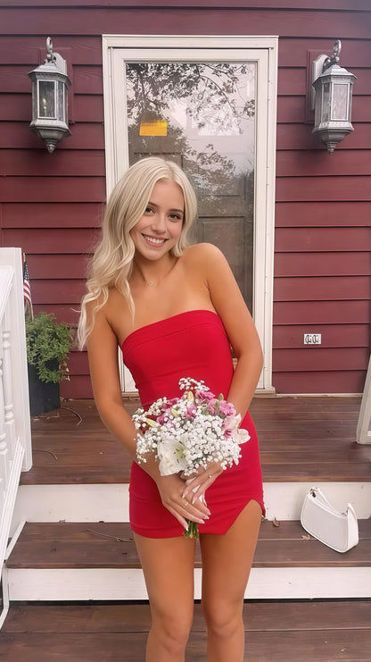 Strapless Bodycon Homecoming Dress Slit Back To School Dress,AST1848