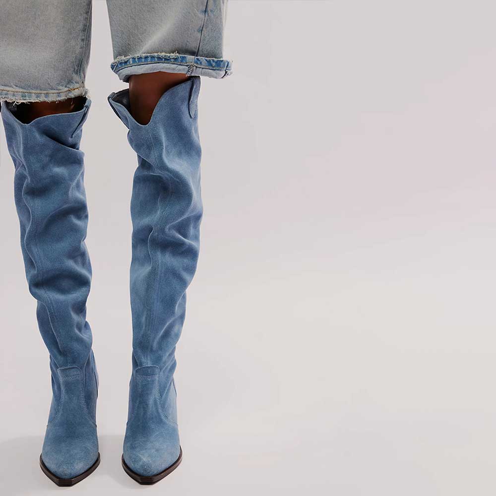 Blue Denim Pointed Toe Chunky Heel Over-the-Knee Slouch Boots