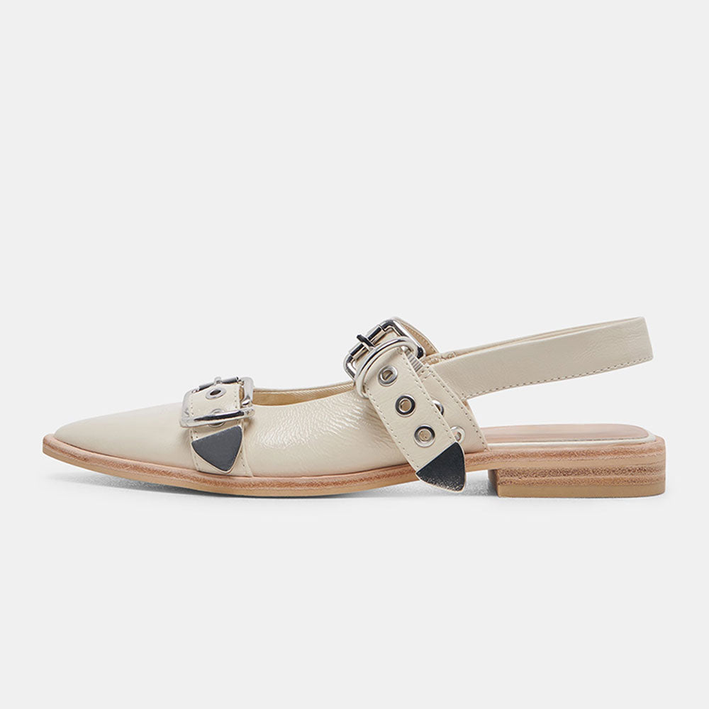 Ivory Patent Leather Pointed Toe Studded Slingback Strappy Flat Pumps