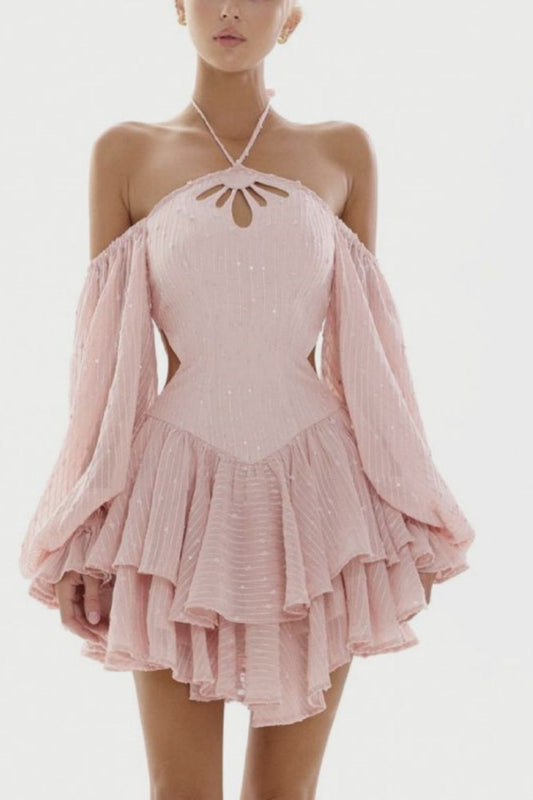 amakanas-Pink Sweet Long Sleeve Short Chiffon Ruffle Homecoming Dress gh5334