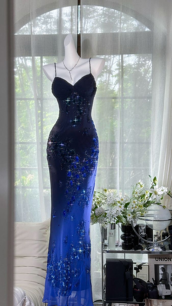 Sparkling Gradient Navy Blue Sequin Prom Dress Sheath Spaghetti Straps Evening Gown TP5169