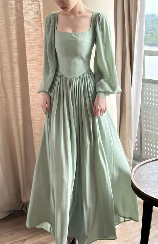 amakanas-bridesmaid dresses Light green retro, elegant, flowing A-line long-sleeved chiffon prom dress gh5756