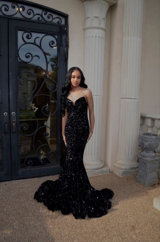 Simple Mermaid Black Sequin Prom Dresses 22th Birthday Outfit P425
