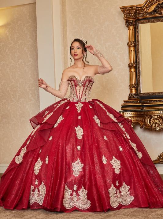 Gorgeous Red A Line Sweetheart Neck Appliques Beaded Tulle Quinceanera Dresses Ball Gown SH2557