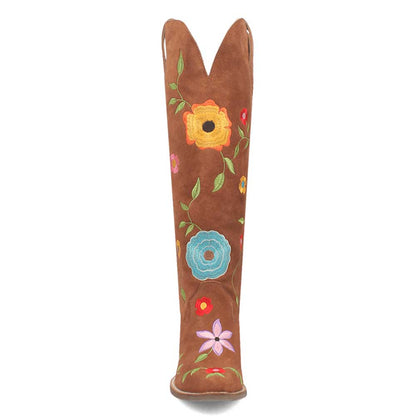Brown Snip Toe Flower Embroidered Over the Knee Cowgirl Boots