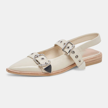 Ivory Patent Leather Pointed Toe Studded Slingback Strappy Flat Pumps