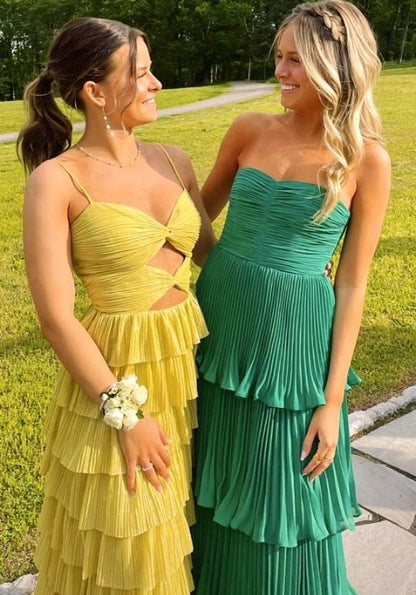 Yellow stylish elegant spaghetti straps long satin tiered ball gown formal evening dress party dress gh3655