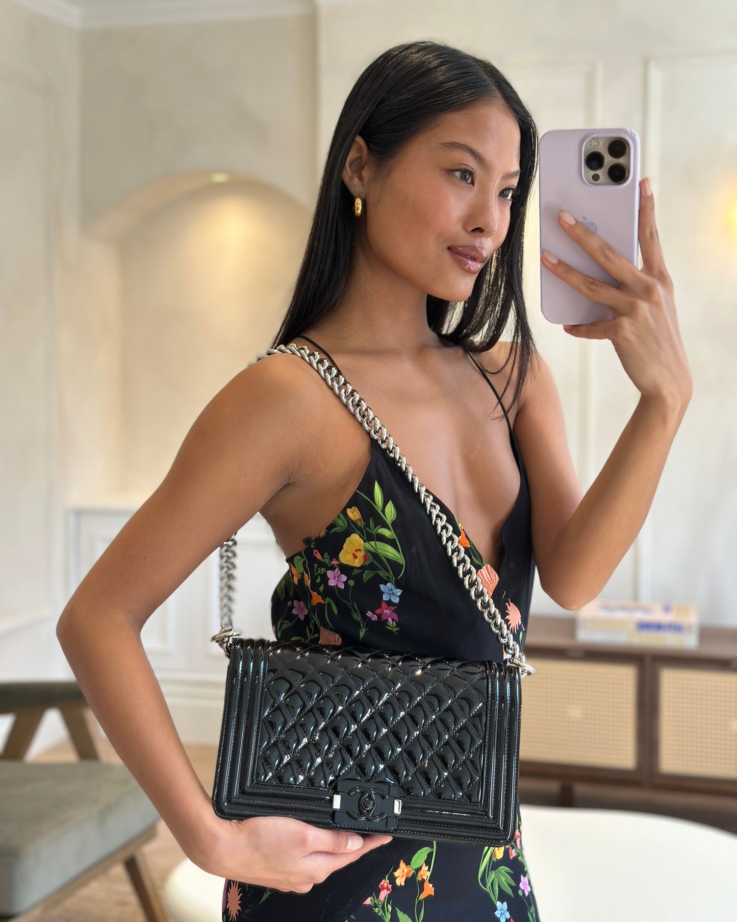 *FIRE PRICE* Chanel Black Patent Medium Boy Bag with Black and Silver Hardware