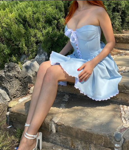 Princess A Line Sweetheart Neck Sky Blue Satin Short Homecoming Dress Birthday Dress SH2154