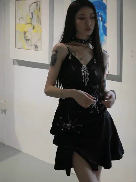 Sparkling Black Sequin Spaghetti Strap Design 16th Birthday Party Dress Homecoming Dress TP4043