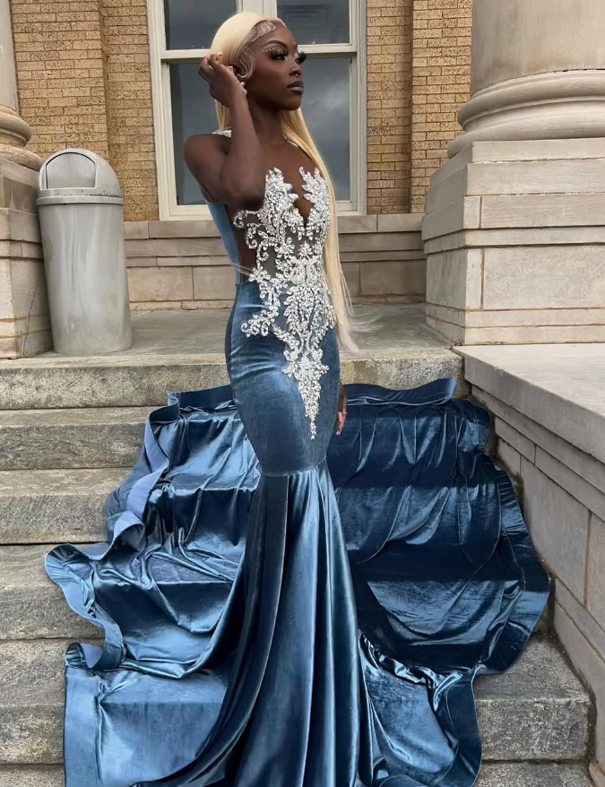 Blue Velvet Appliques Bead Meemaid Long Prom Dress Formal Evening Dress SH975