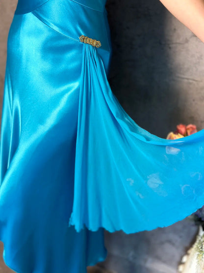 Ocean blue homecoming dress vintage ribbon beautiful satin retro elegant long satin prom dress evening dress party dress gh4806