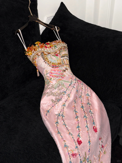 Sparkling Pink Beaded Sequined Design Elegant Mermaid Prom Dress Evening Dress TP4213