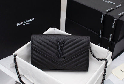 Saint Laurent Matelasse Grain de Poudre Matte Black Monogram Chain Wallet