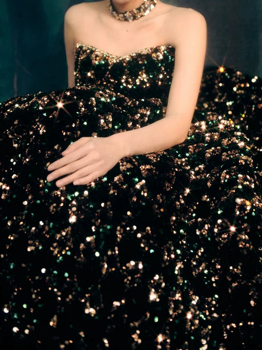 Ball Gown Sweetheart Black Sequin Long Evening Dress Prom Dresses Birthday Outfits  cg26200