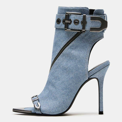 Denim Pointed Stiletto Heel Zipper Peep Toe Ankle Boots with Buckle
