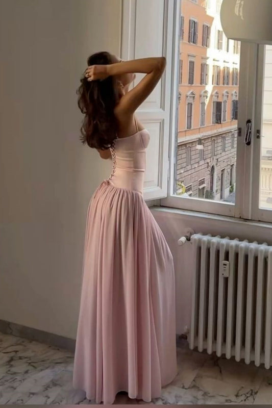 amakanas-Pink spaghetti strap tight long prom dress bridesmaid dress gh5773
