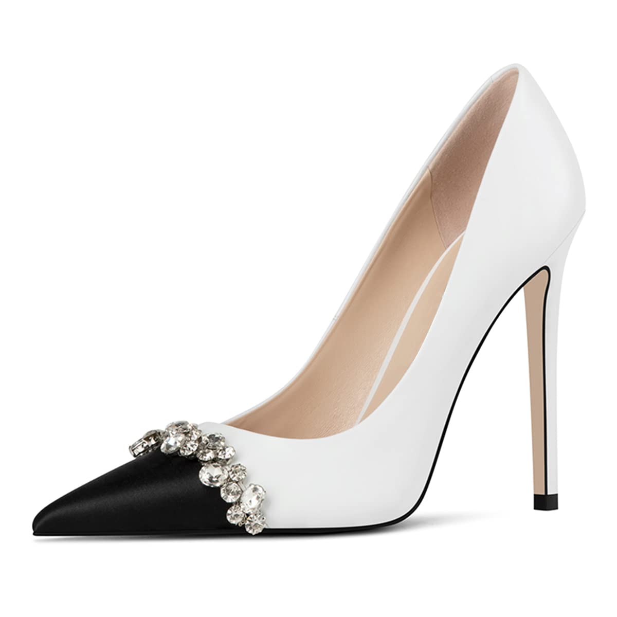 White & Black Pointed Toe Stiletto Heel Pumps Shoes with Rhinestone