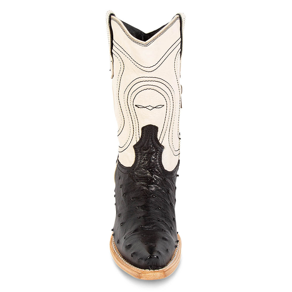 Black & White Pointed Toe Chunky Heel Embroidered Western Boots