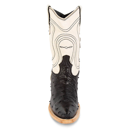 Black & White Pointed Toe Chunky Heel Embroidered Western Boots