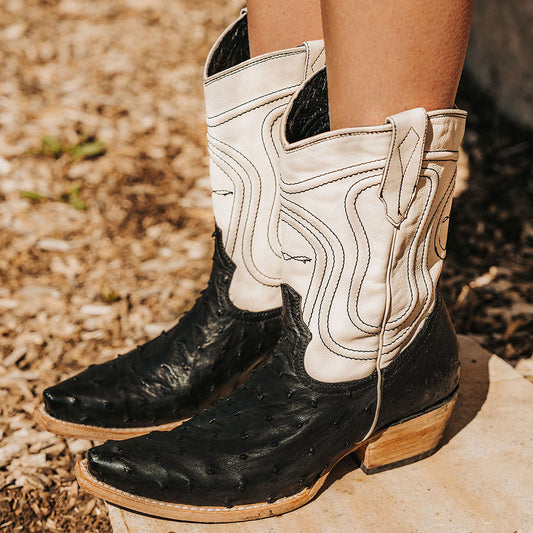 Black & White Pointed Toe Chunky Heel Embroidered Western Boots