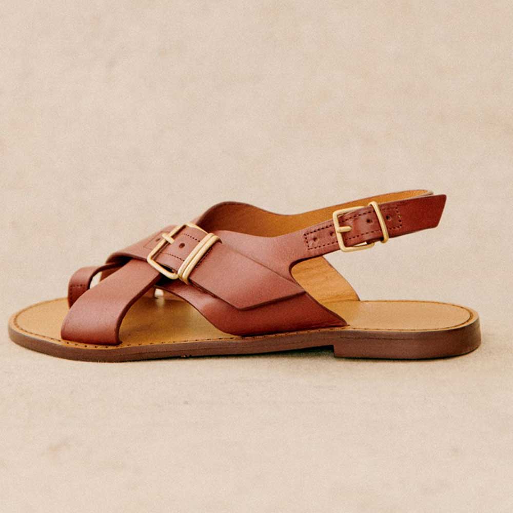 Brown Round Toe Flat Vintage Buckle Ring Strap Sandals