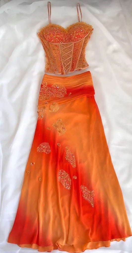 Vintage Orange Ombre Sweetheart A-Line Two Pieces Prom Dress Beaded Chiffon Spaghetti Strap Formal Dress TP4571
