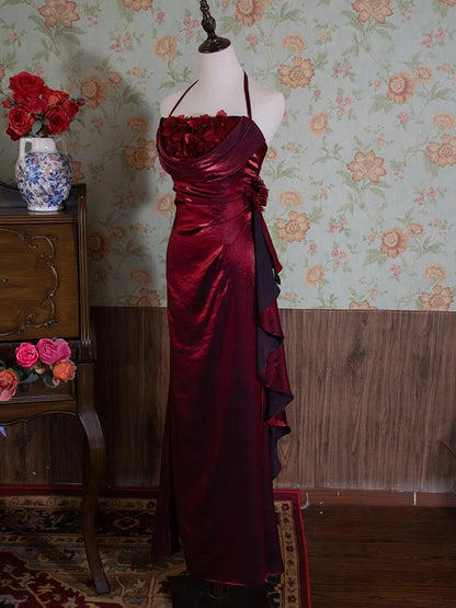 Yellow/Green/Burgundy Shiny Elegant Delicate Floral Backless Long Ball Dress Evening Dress Birthday Party Dress gh3385