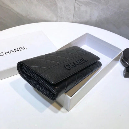 CHANEL Premium Leather Trendy Long Wallet Black 19x10cm