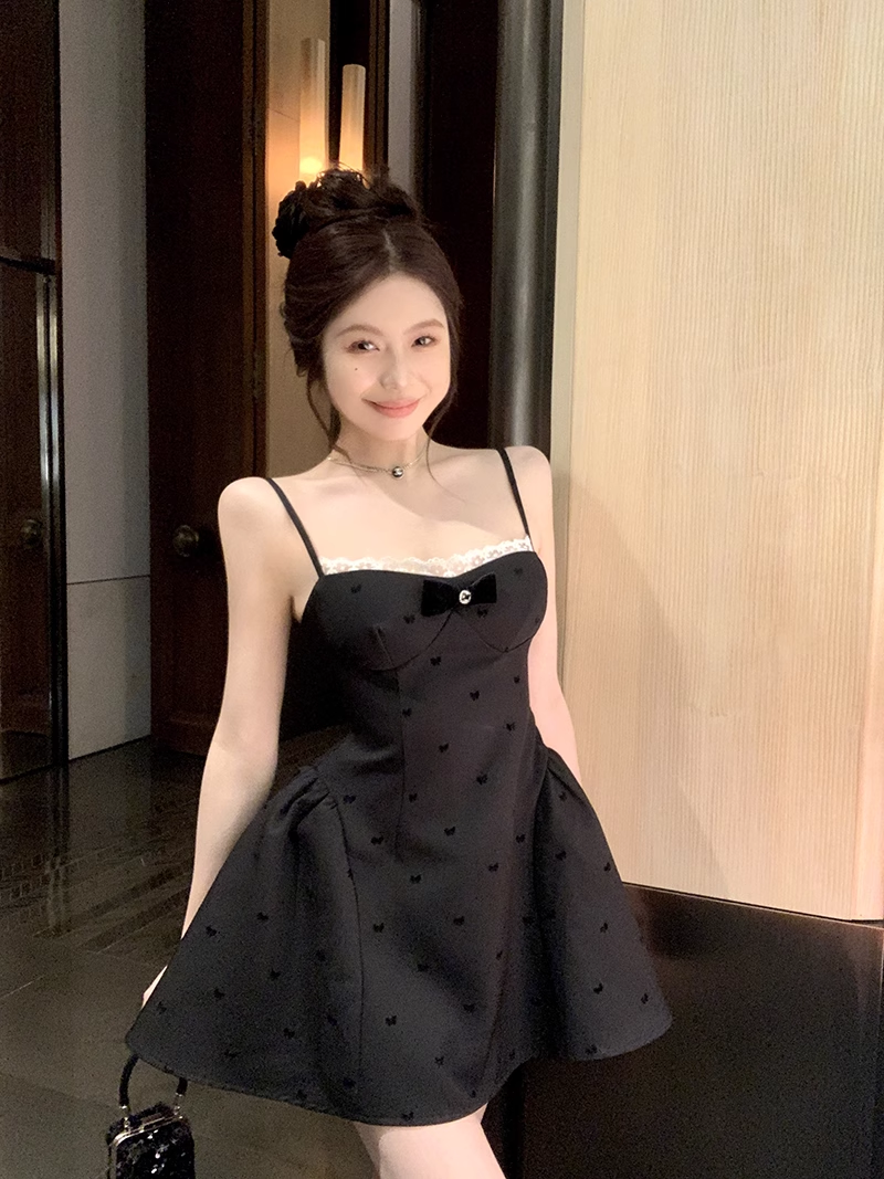 Cute Black Spaghetti Strap Backless Bow Design A-line Lace Homecoming Dress TP3692