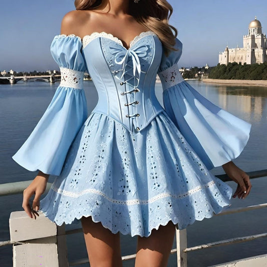amakanas-Blue Vintage Corset Sweet Long Sleeve Short Satin Chiffon Homecoming Dress gh5336