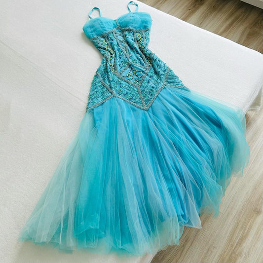 amakanas-Vintage Lake Blue Bead-Embroidered Spaghetti Strap Tiered Tulle Mermaid Evening Gown gh6019