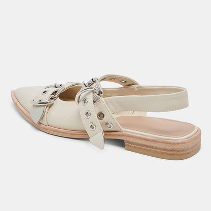 Ivory Patent Leather Pointed Toe Studded Slingback Strappy Flat Pumps