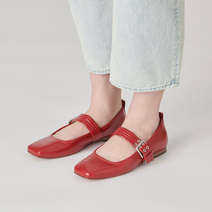 Red Vegan Leather Square Toe Flat Buckle Mary Jane Shoes
