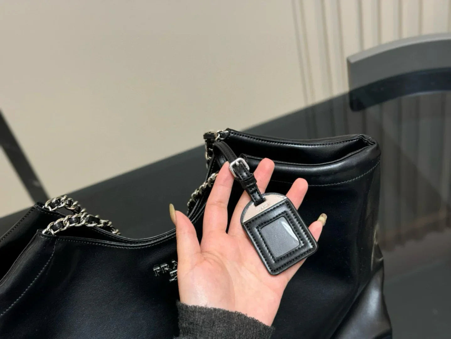 Prada Double Chain Black Shoppping Tote Bag 39x30cm