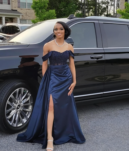 Off The Shoulder Navy Blue Satin Prom Dress  SH927