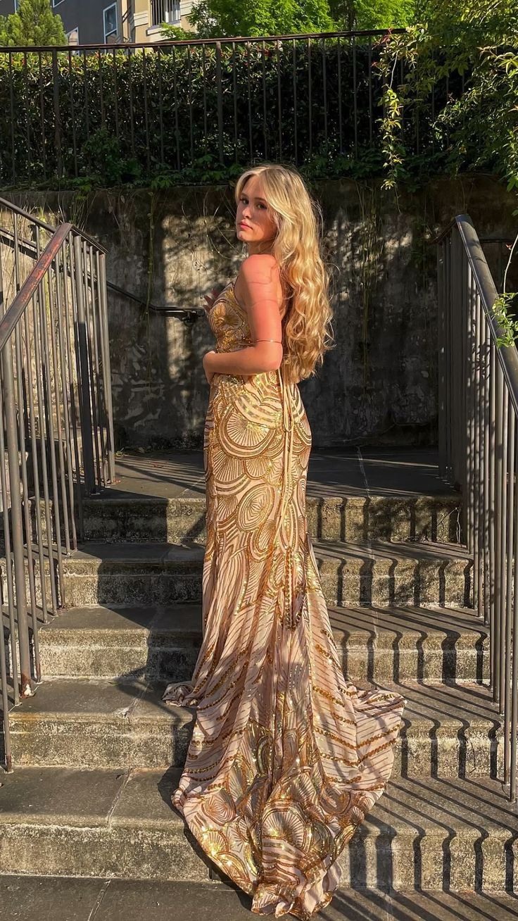 Unique Mermaid Golden Sequin Long Sweep Open Back Prom Dress Evening Dress SH1021