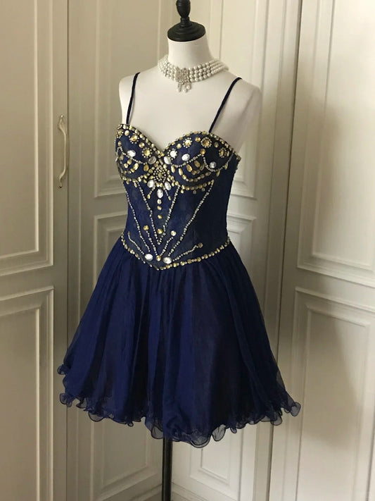 __Dark blue shiny retro princess short homecoming dress beaded tulle ball gown evening dress gh4393
