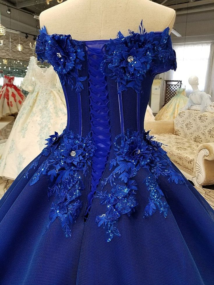Royal Blue Off-The-Shoulder Evening Dresses, Appliques Formal Prom Dress SH846