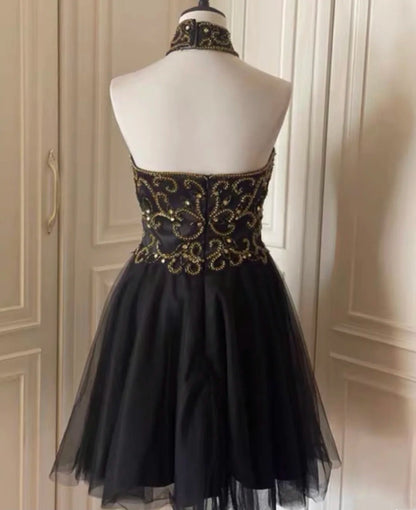 Black Gold Beaded Short Tulle Homecoming Dress Prom Dress Birthday Party Dress gh4848