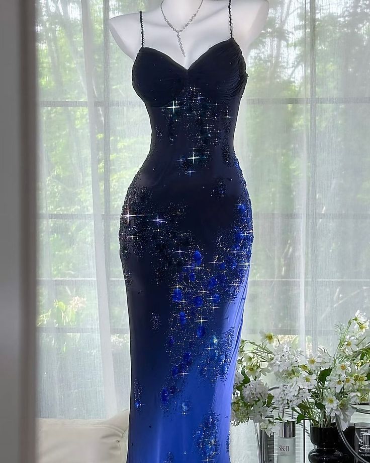 Sparkling Gradient Navy Blue Sequin Prom Dress Sheath Spaghetti Straps Evening Gown TP5169