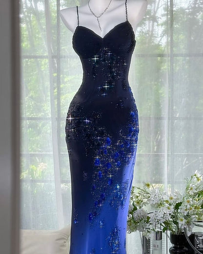 Sparkling Gradient Navy Blue Sequin Prom Dress Sheath Spaghetti Straps Evening Gown TP5169