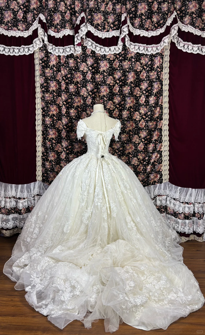 Glamorous Ivory Off-Shoulder Intricate Lace Applique Tulle Wedding Dress TP5339