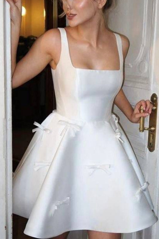 amakanas-White Fashion Bow Short Homecoming Dress Birthday Party Dress gh5400